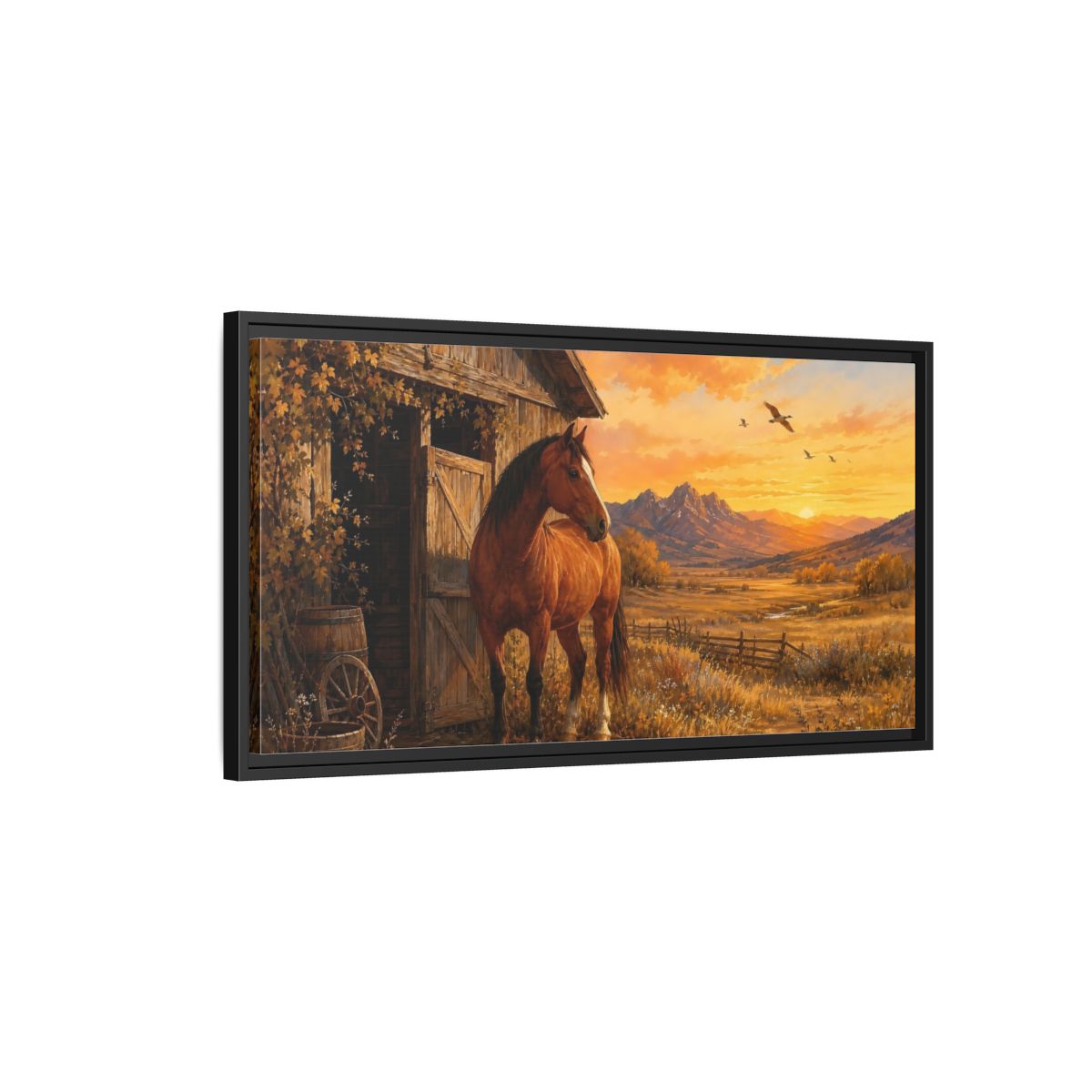Side Mockup 2. Nature Horse Brown And Orange shown as stretched canvas wall art