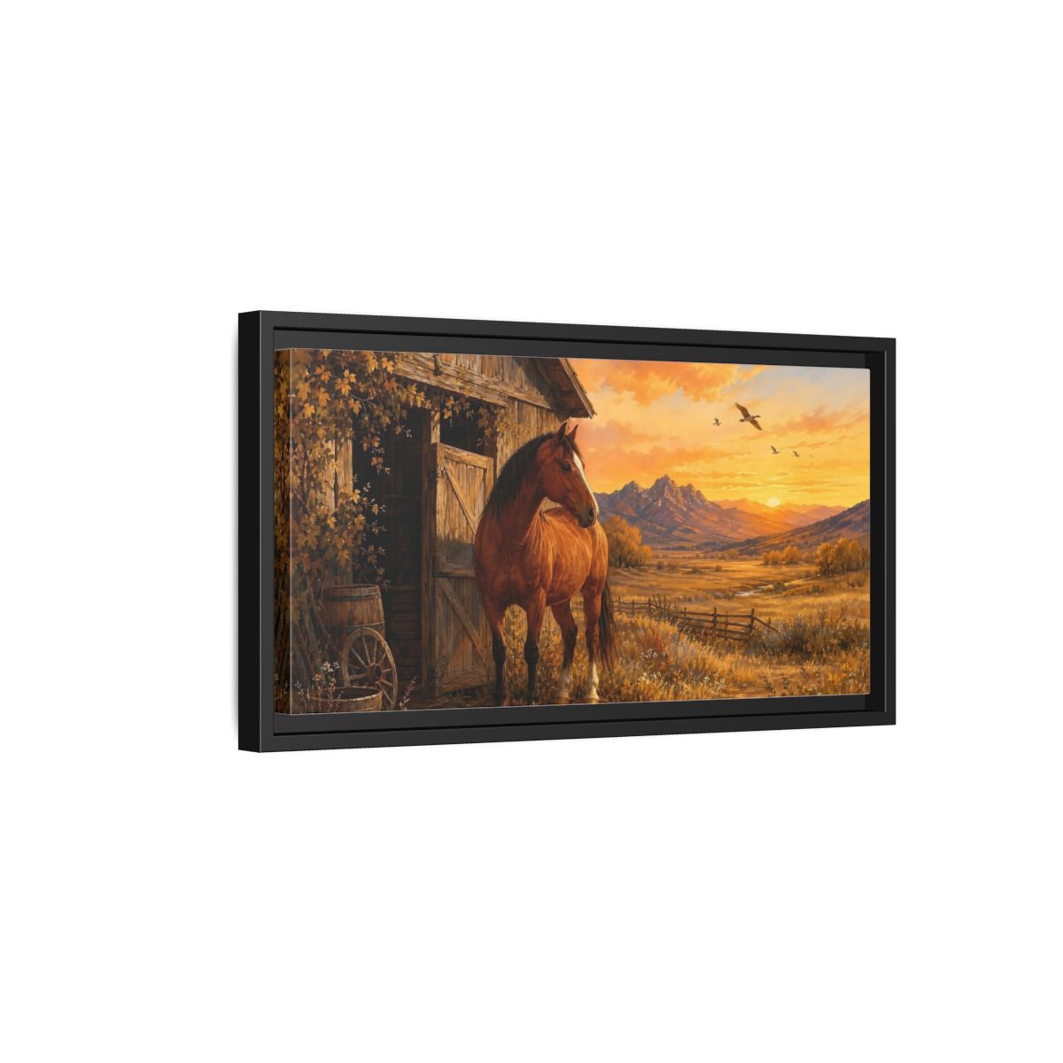 Side Mockup 8. Nature Horse Brown And Orange shown as stretched canvas wall art