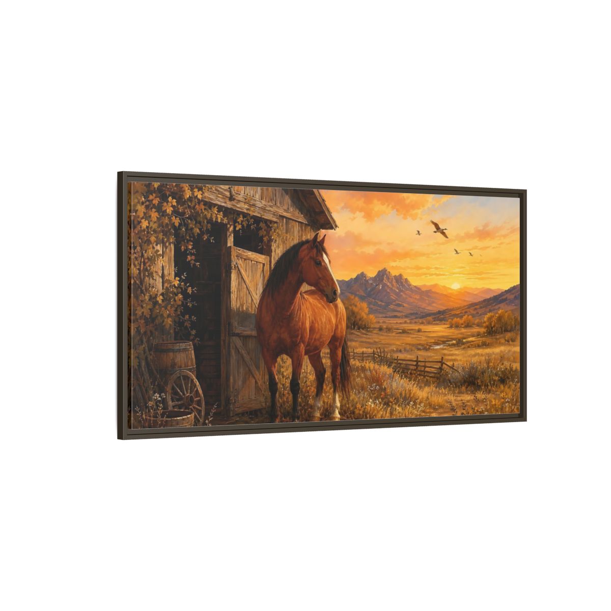 Side Mockup 4. Nature Horse Brown And Orange shown as stretched canvas wall art