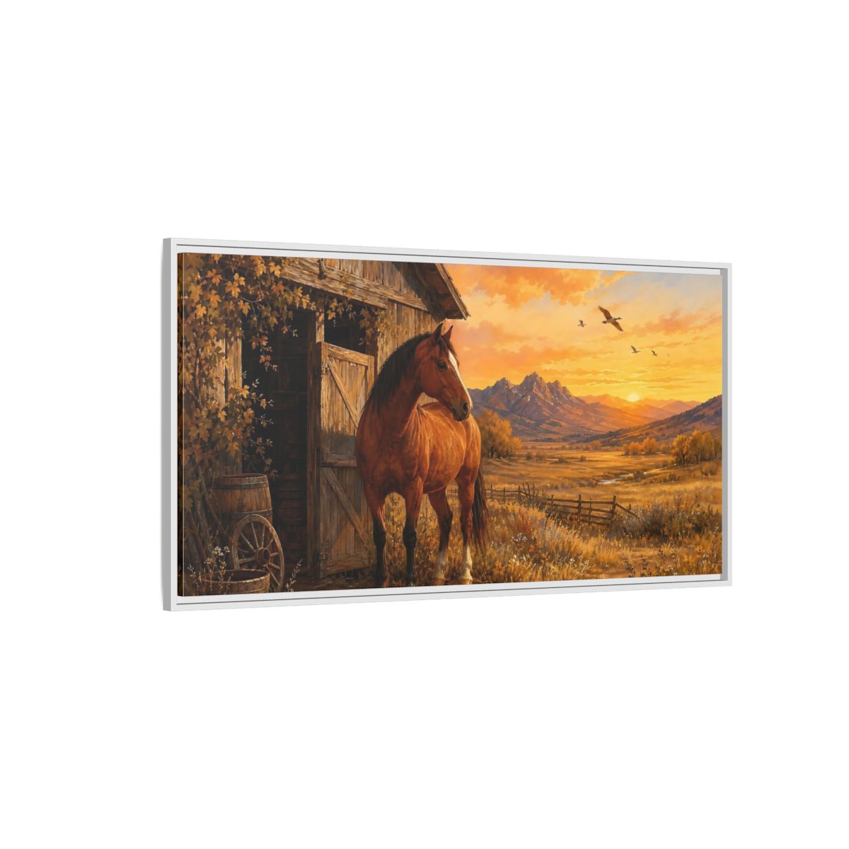 Side Mockup 3. Nature Horse Brown And Orange shown as stretched canvas wall art