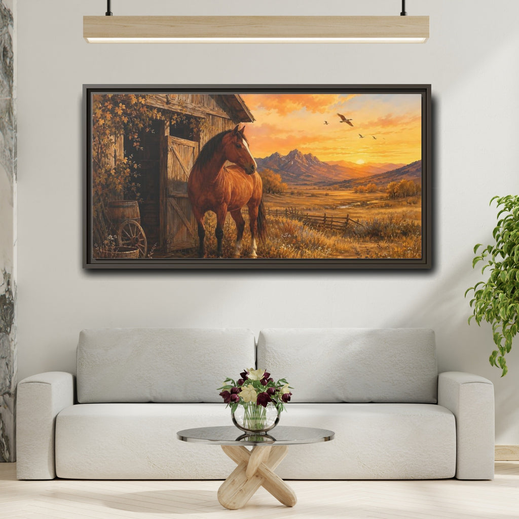 Mockup 2. Nature Horse Brown And Orange shown as stretched canvas wall art