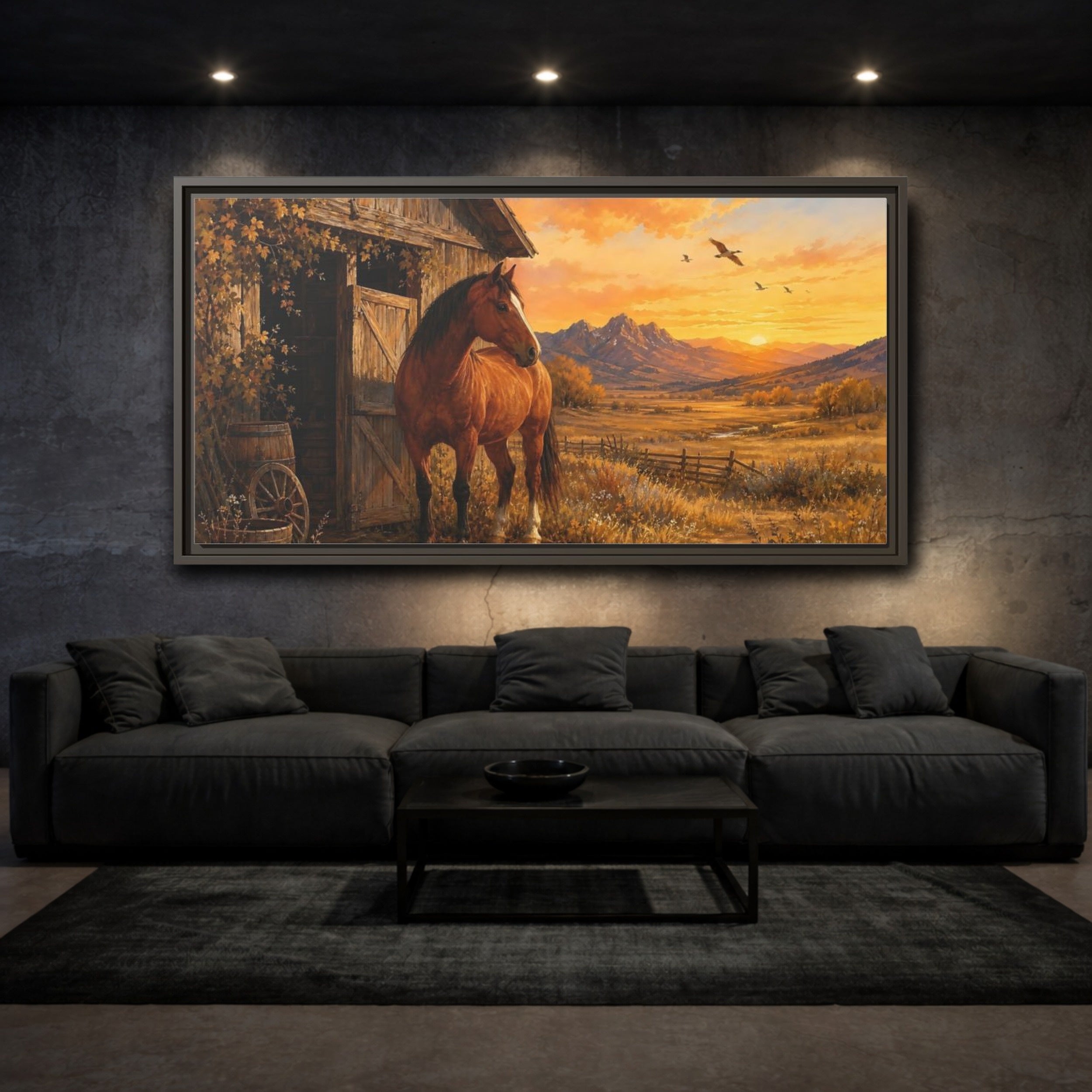 Mockup 3. Nature Horse Brown And Orange shown as stretched canvas wall art