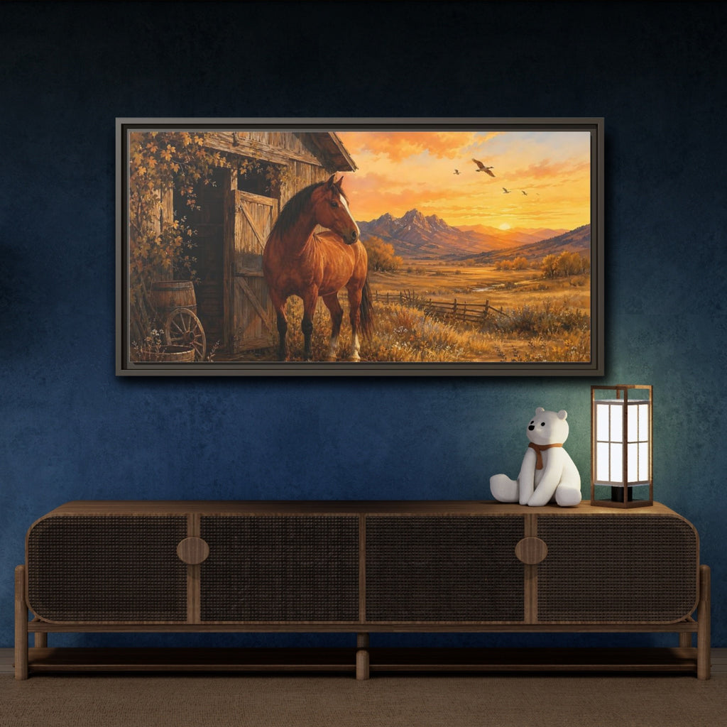 Mockup 4. Nature Horse Brown And Orange shown as stretched canvas wall art