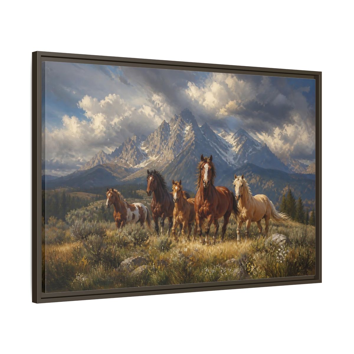 Main Mockup. Nature Horses Brown Horses Mountains shown as stretched canvas wall art