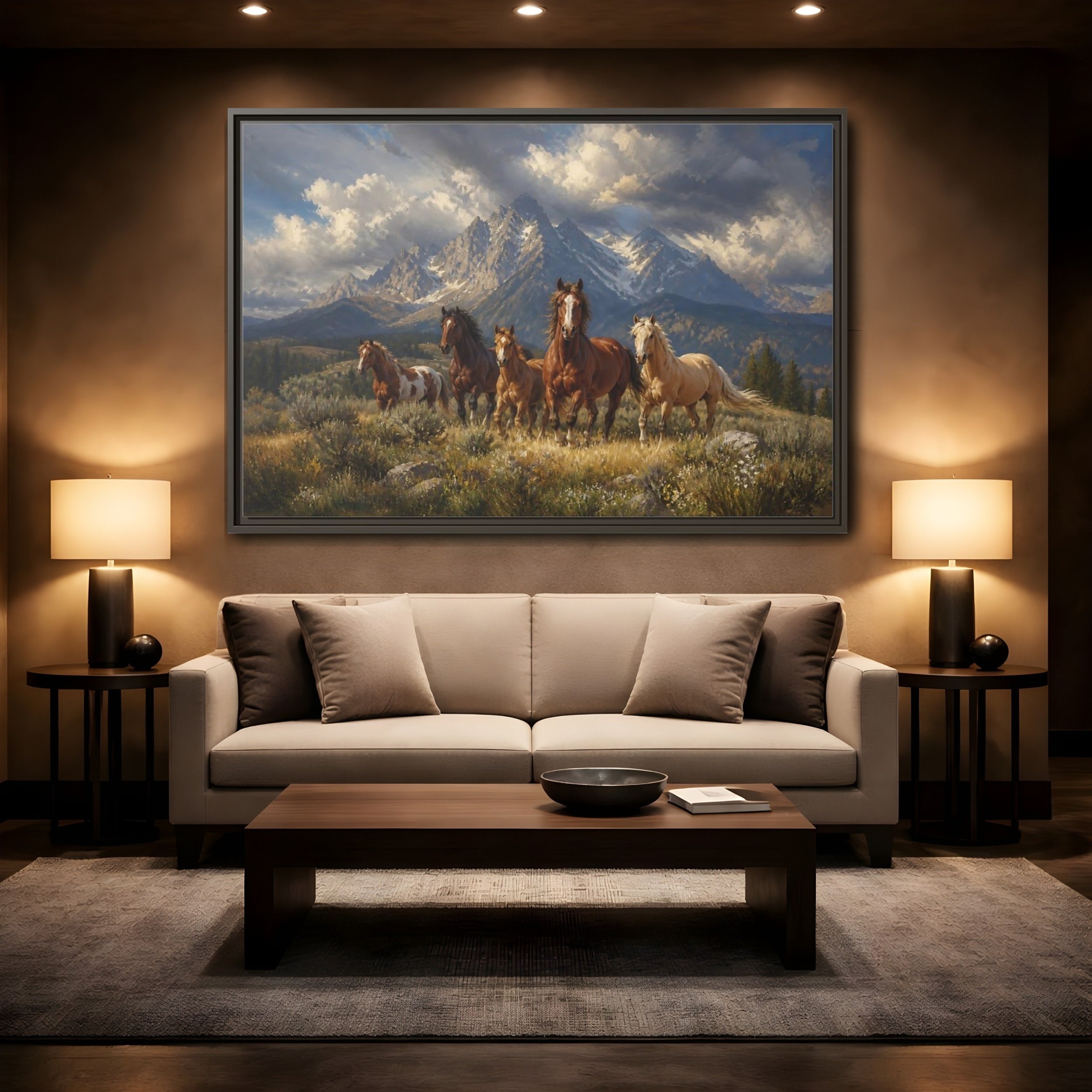Mockup 2. Nature Horses Brown Horses Mountains shown as stretched canvas wall art