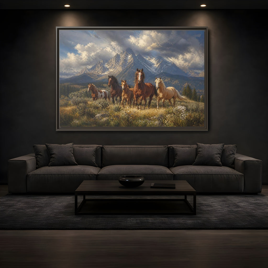Mockup 3. Nature Horses Brown Horses Mountains shown as stretched canvas wall art