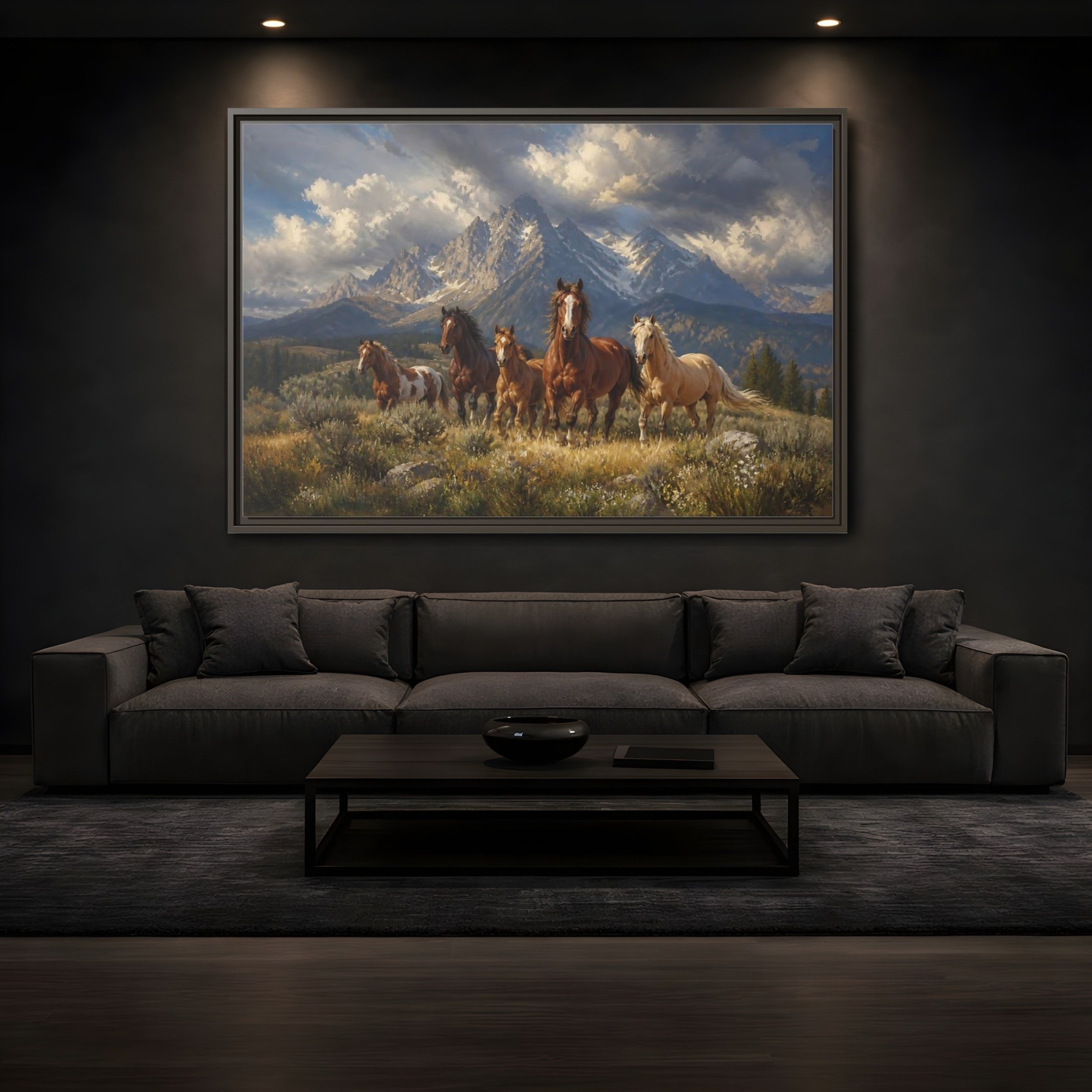 Mockup 3. Nature Horses Brown Horses Mountains shown as stretched canvas wall art