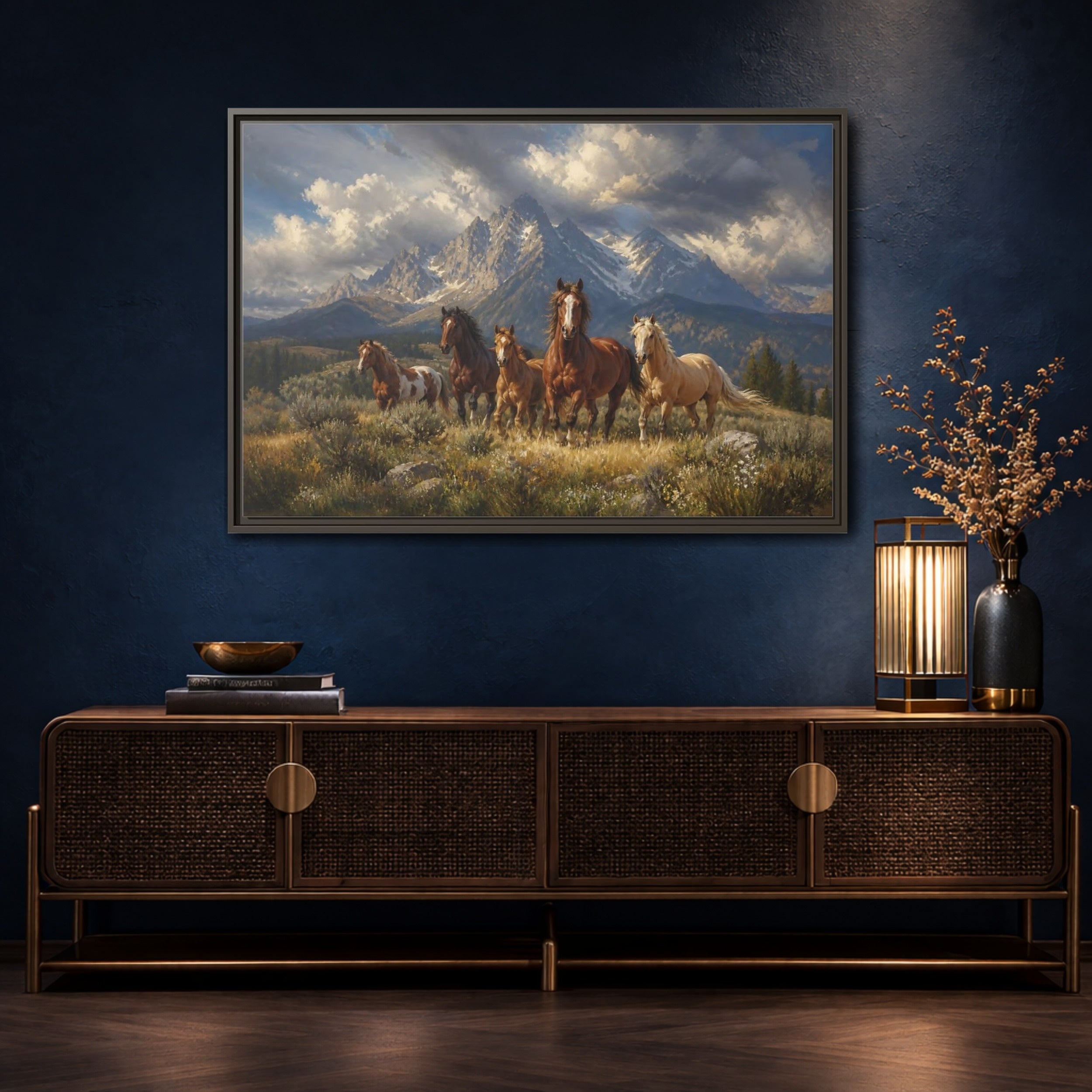 Mockup 4. Nature Horses Brown Horses Mountains shown as stretched canvas wall art
