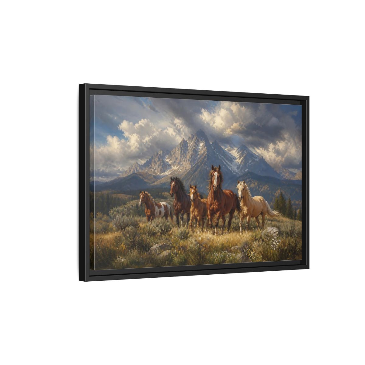 Side Mockup 3. Nature Horses Brown Horses Mountains shown as stretched canvas wall art