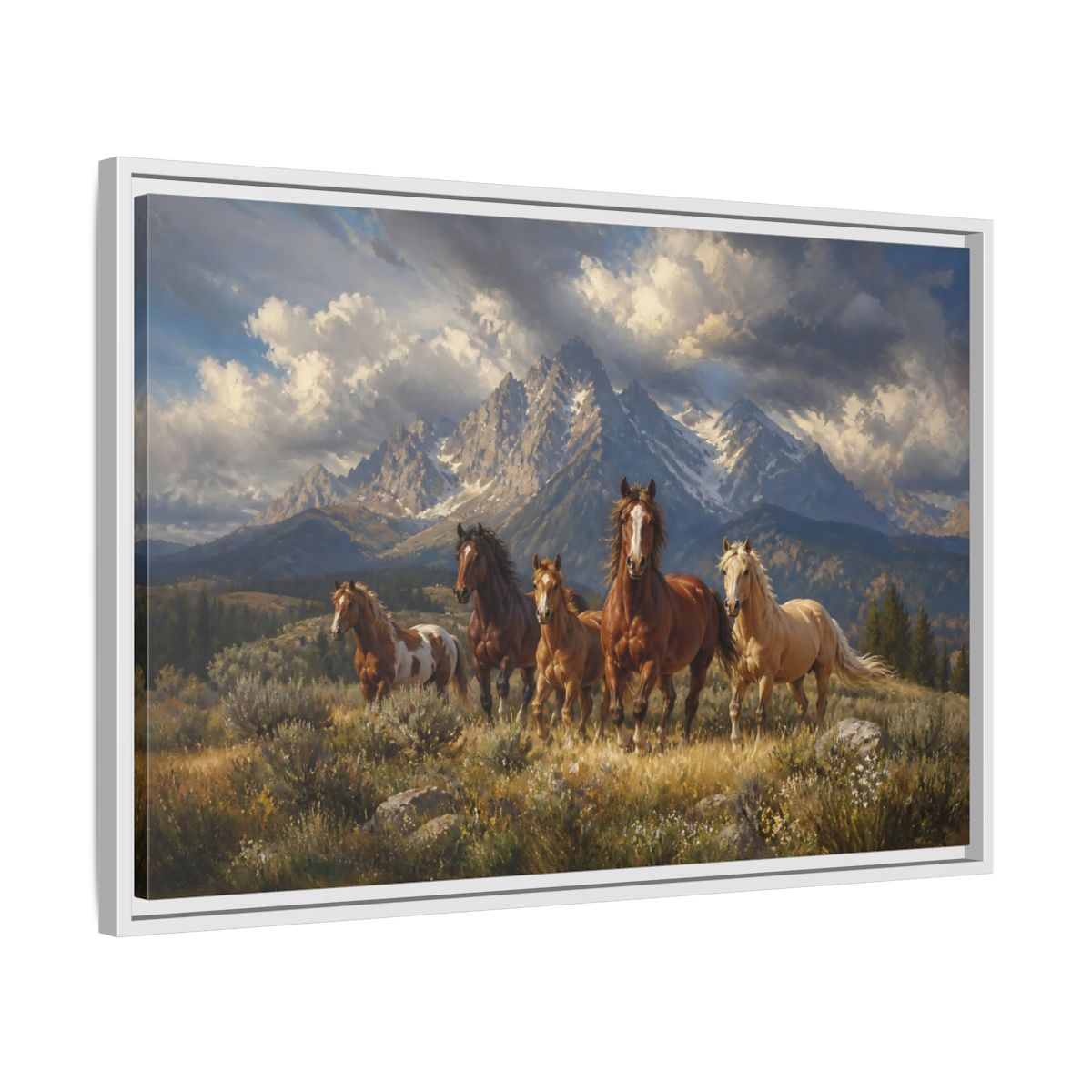 Side Mockup 10. Nature Horses Brown Horses Mountains shown as stretched canvas wall art