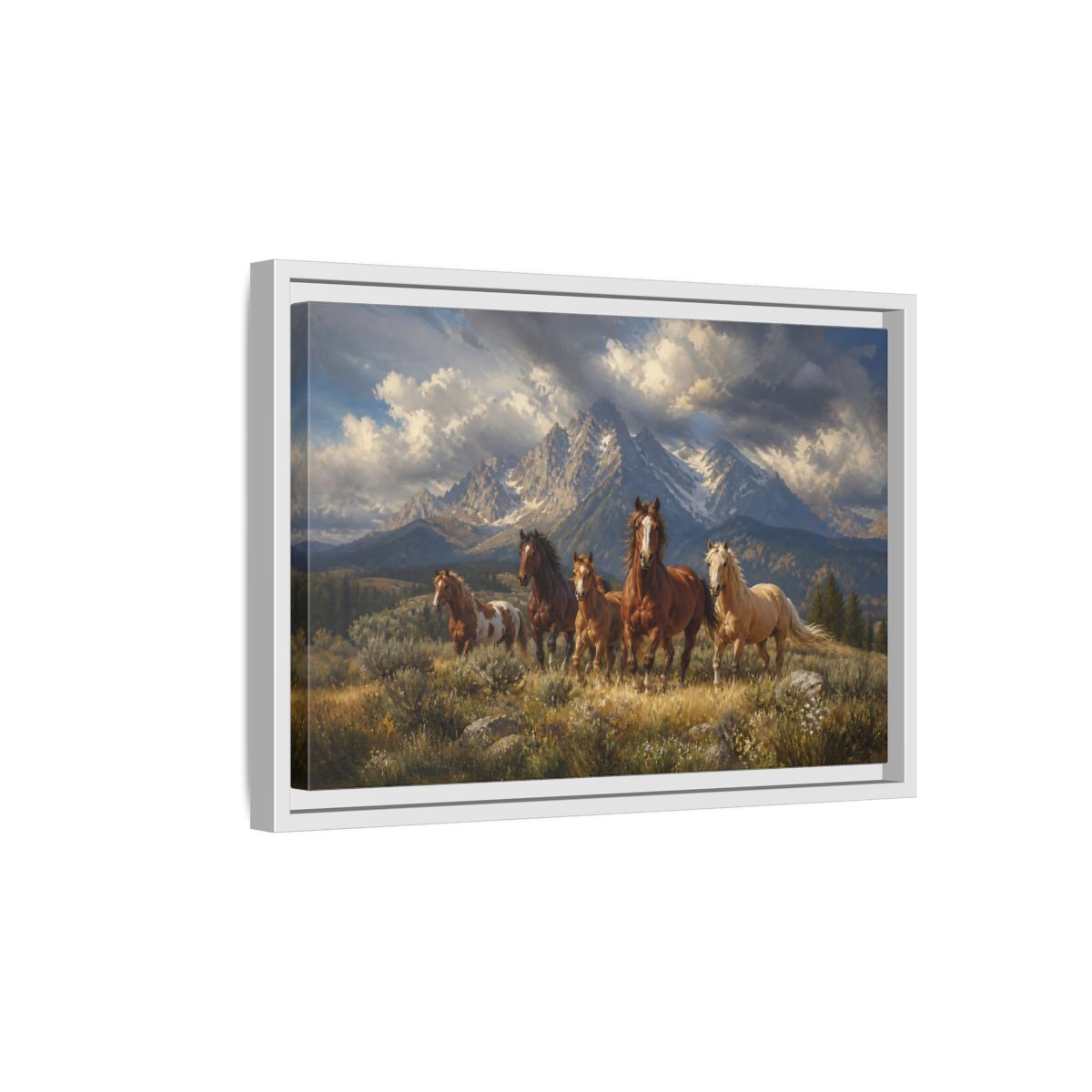Side Mockup 4. Nature Horses Brown Horses Mountains shown as stretched canvas wall art