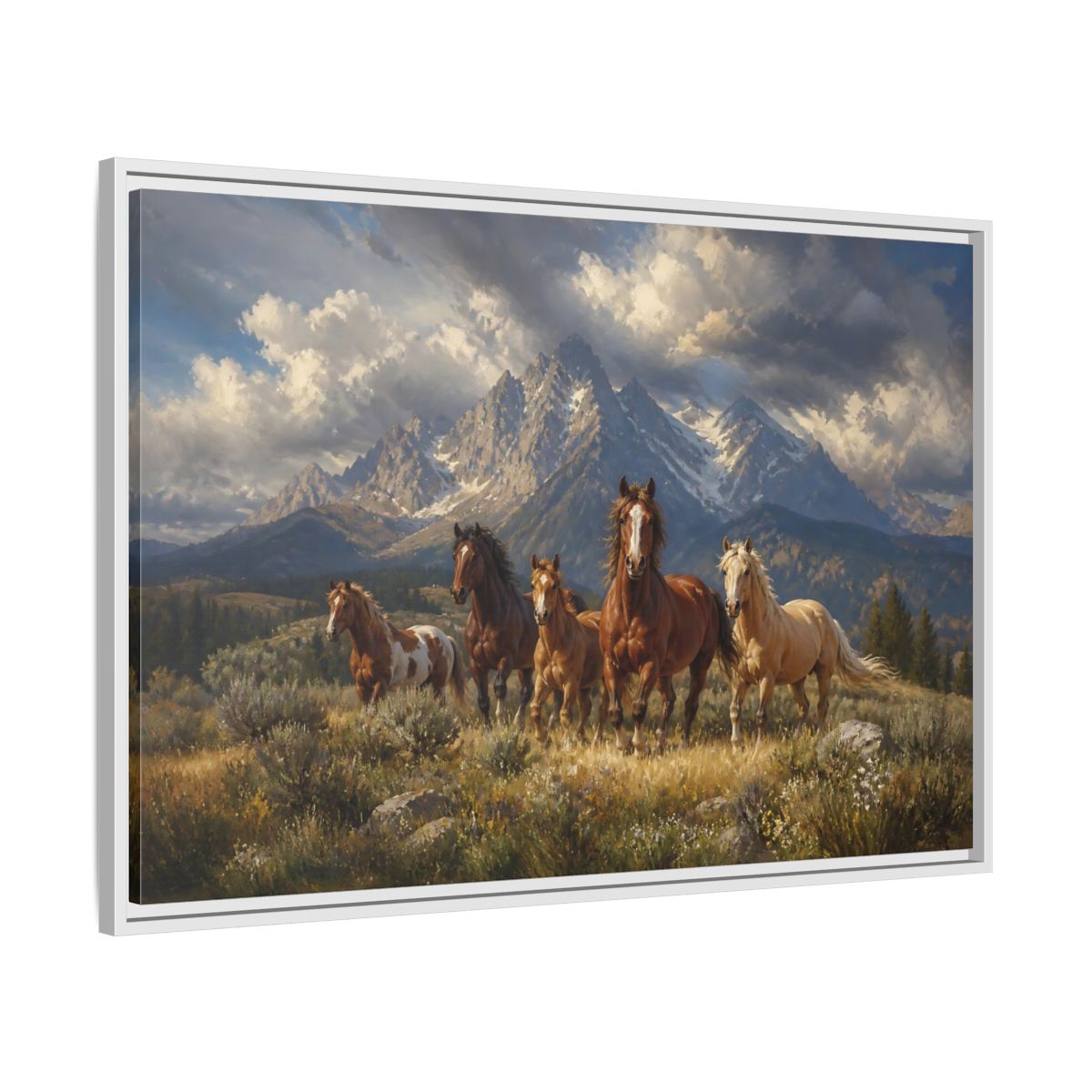 Side Mockup 9. Nature Horses Brown Horses Mountains shown as stretched canvas wall art