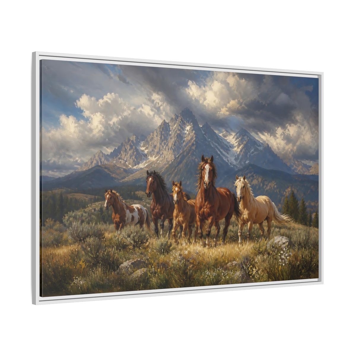 Side Mockup 7. Nature Horses Brown Horses Mountains shown as stretched canvas wall art