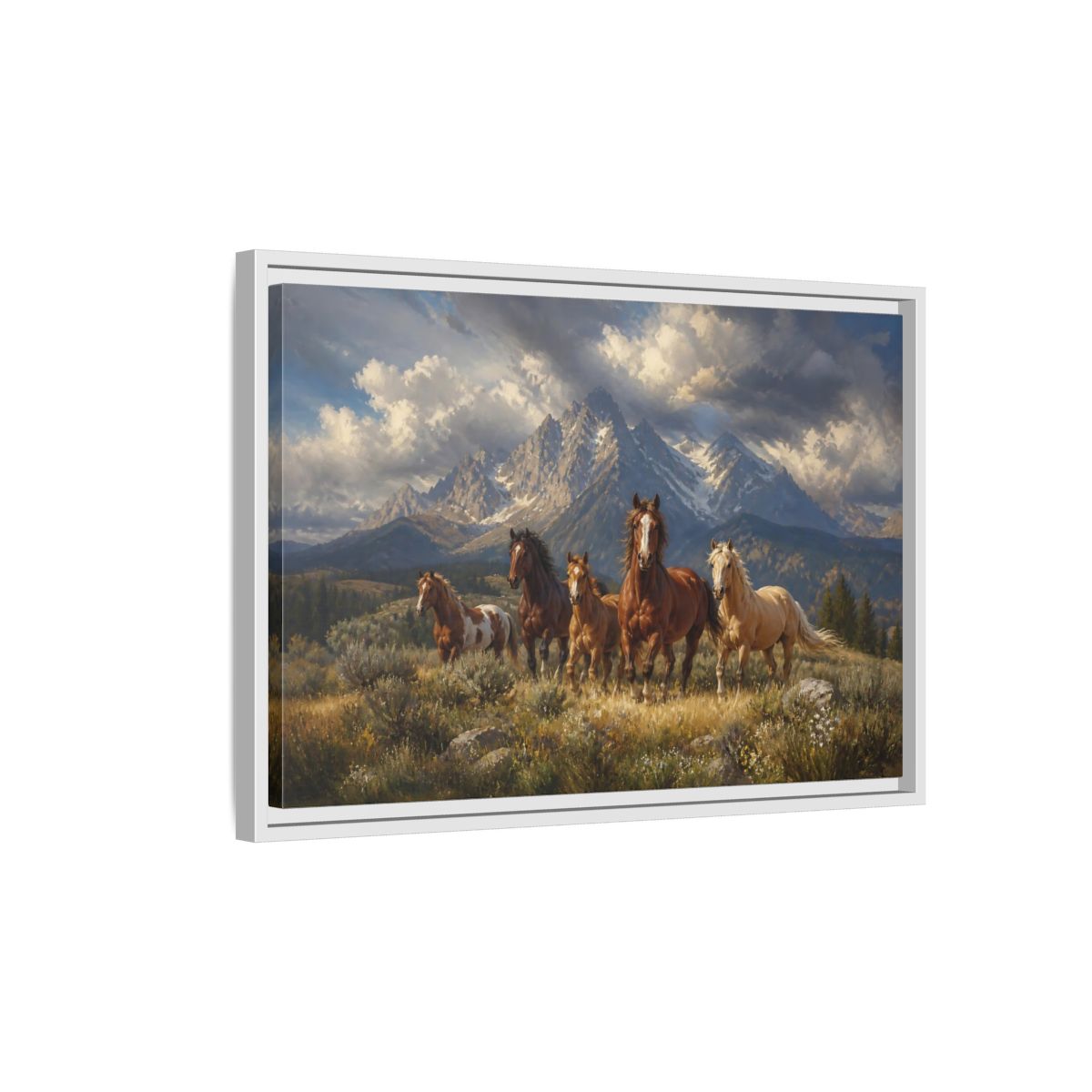 Side Mockup 1. Nature Horses Brown Horses Mountains shown as stretched canvas wall art