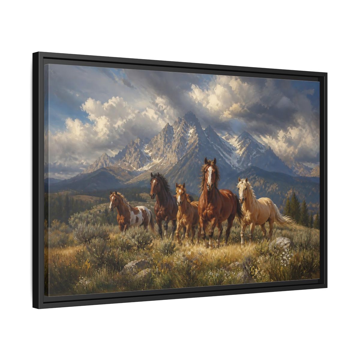 Side Mockup 14. Nature Horses Brown Horses Mountains shown as stretched canvas wall art