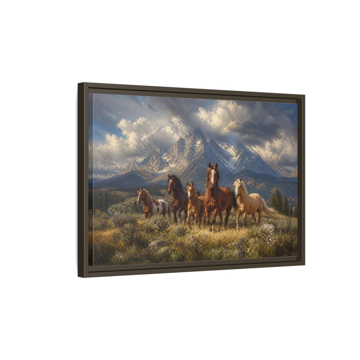 Side Mockup 2. Nature Horses Brown Horses Mountains shown as stretched canvas wall art