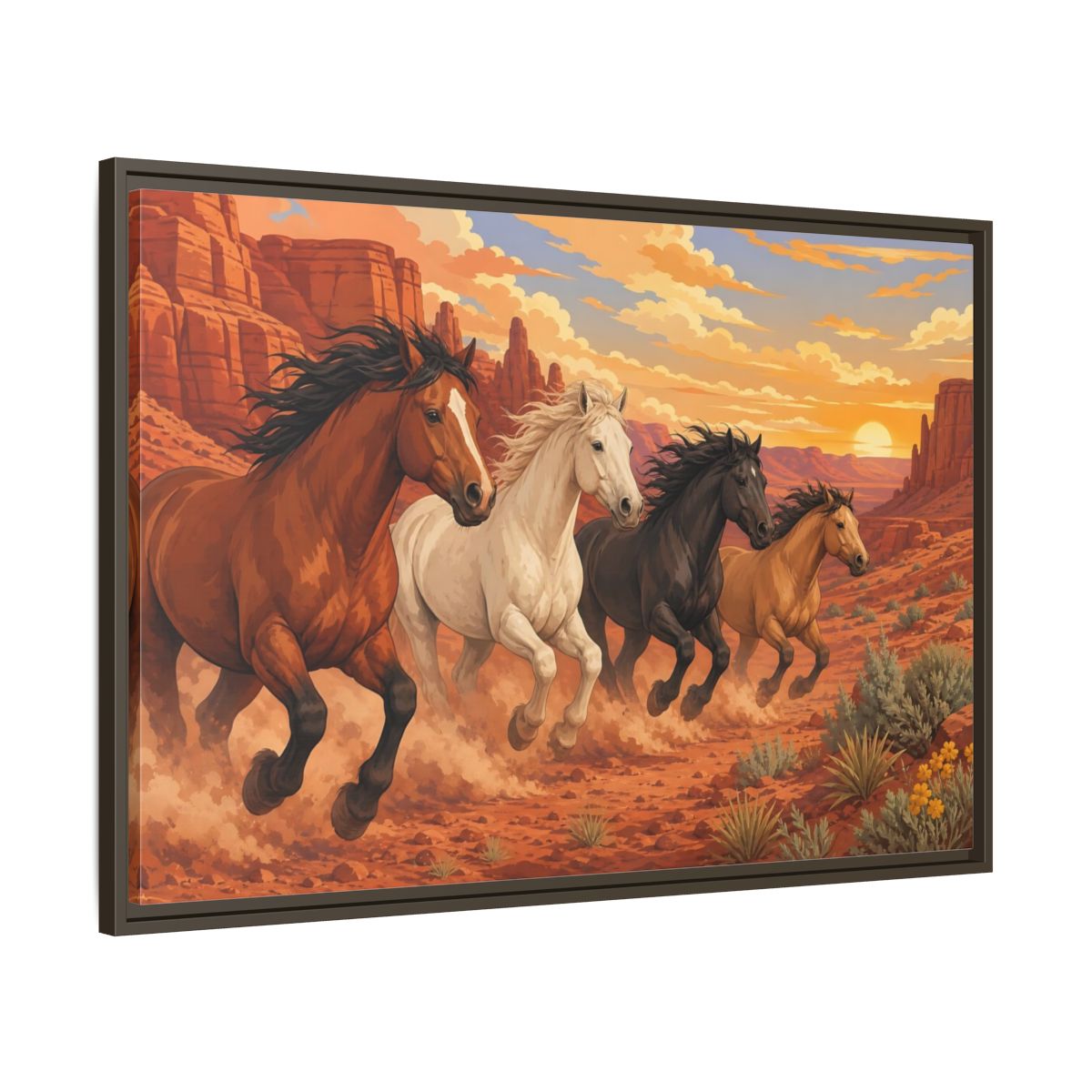 Main Mockup. Nature Horses Desert Horses Sunset shown as stretched canvas wall art