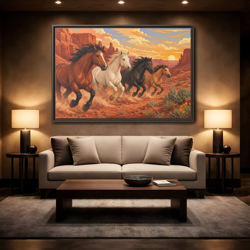Mockup 2. Nature Horses Desert Horses Sunset shown as stretched canvas wall art