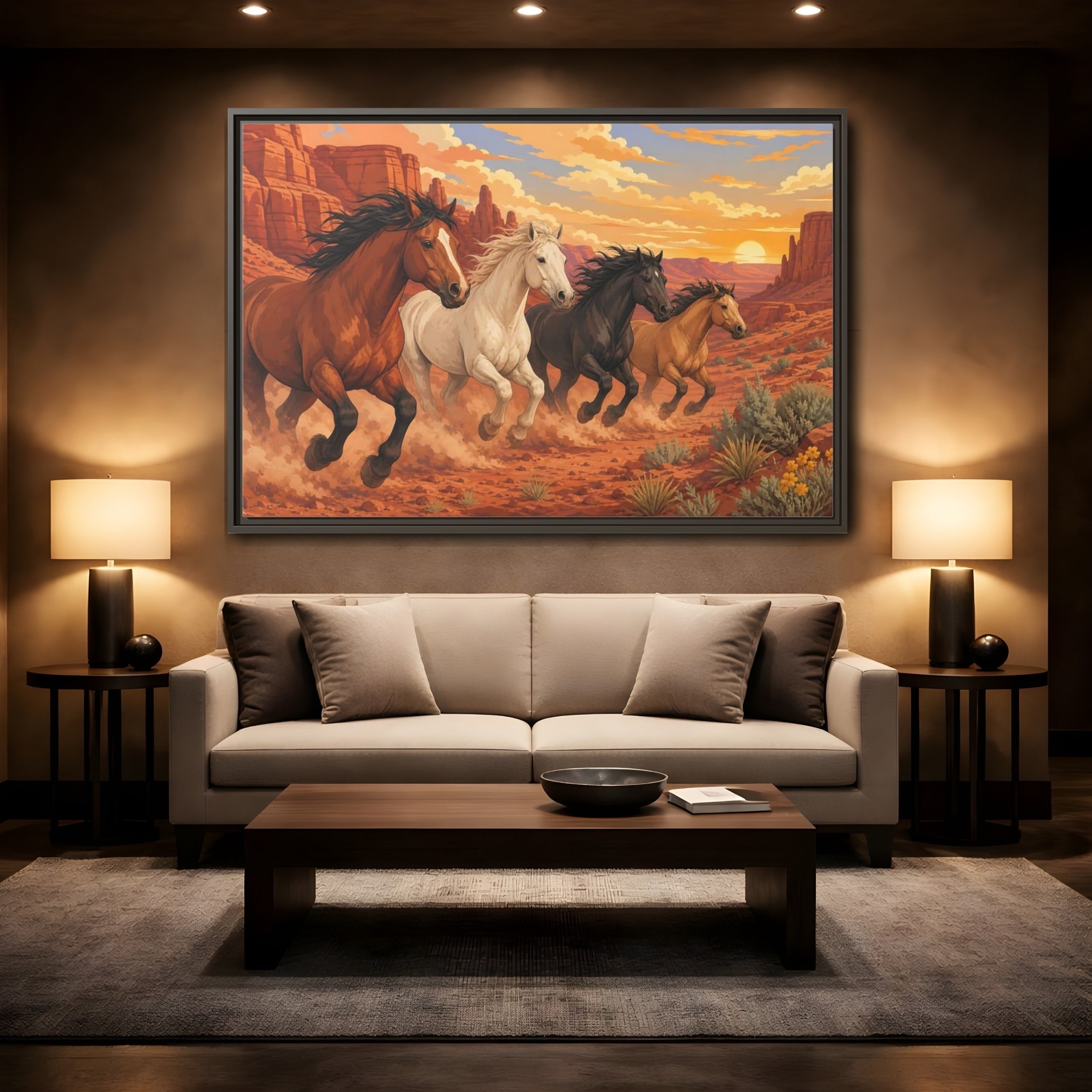 Mockup 2. Nature Horses Desert Horses Sunset shown as stretched canvas wall art