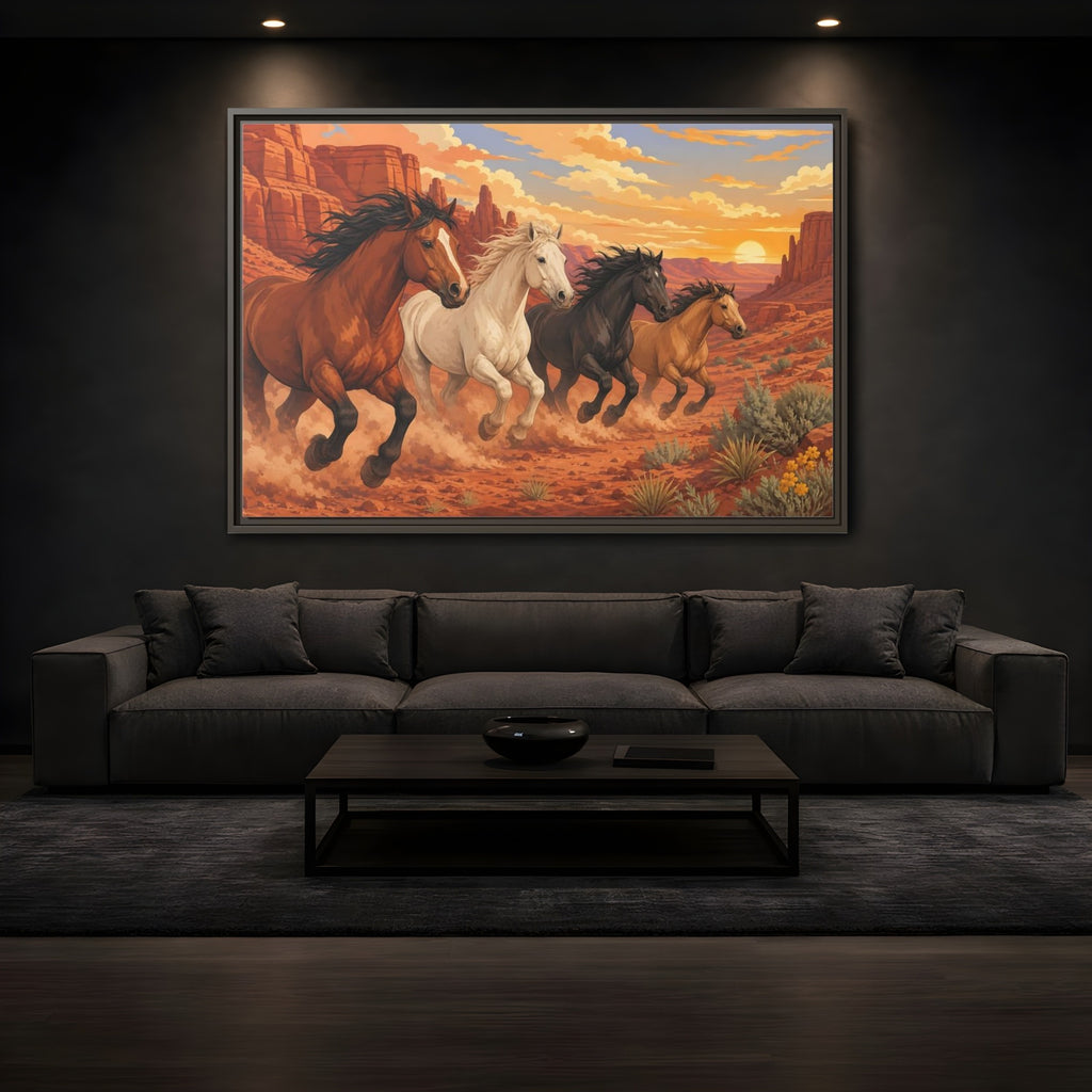 Mockup 3. Nature Horses Desert Horses Sunset shown as stretched canvas wall art