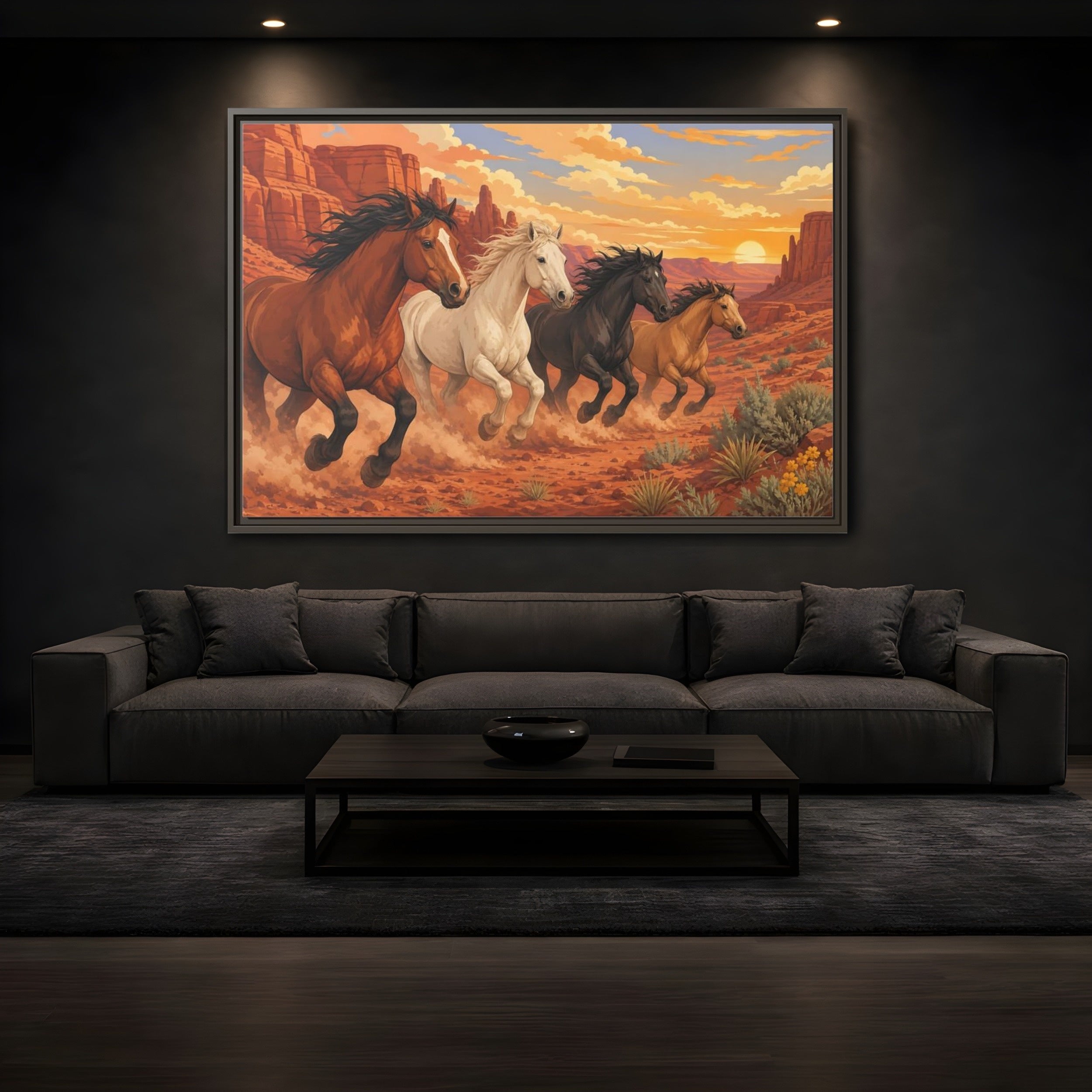 Mockup 3. Nature Horses Desert Horses Sunset shown as stretched canvas wall art