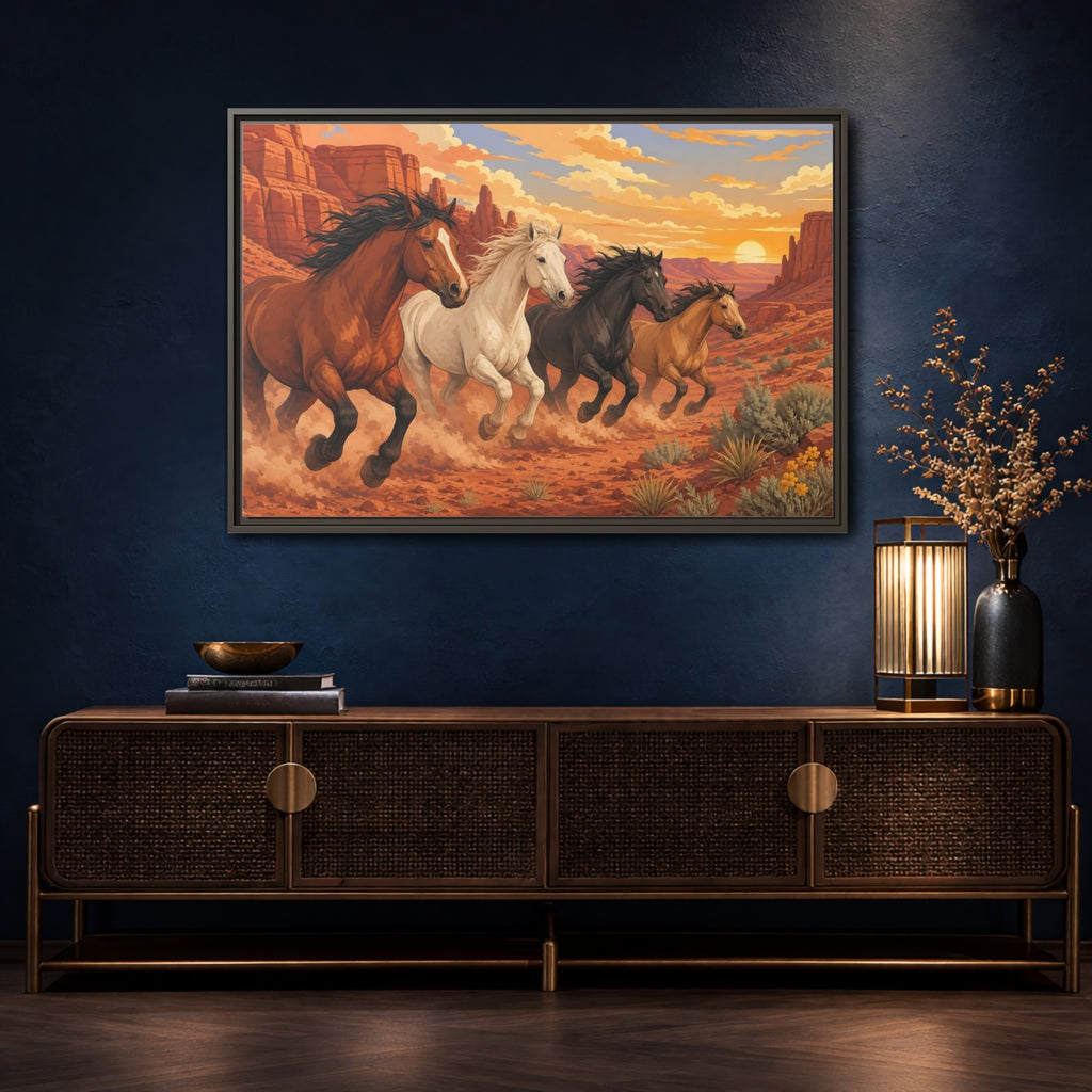 Mockup 4. Nature Horses Desert Horses Sunset shown as stretched canvas wall art