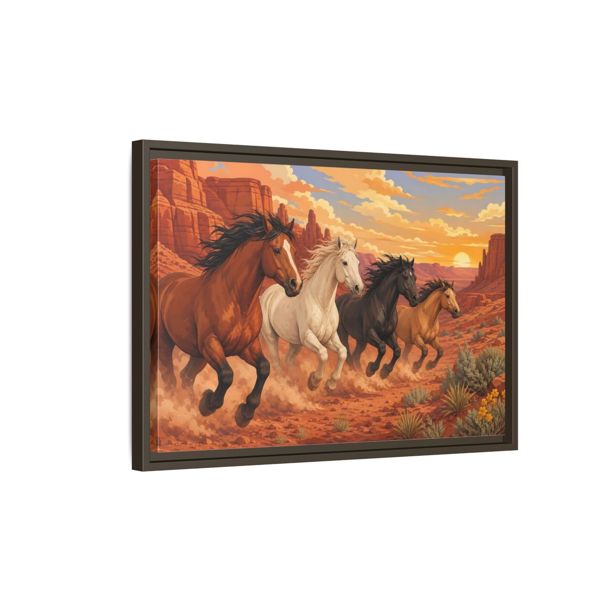 Side Mockup 2. Nature Horses Desert Horses Sunset shown as stretched canvas wall art