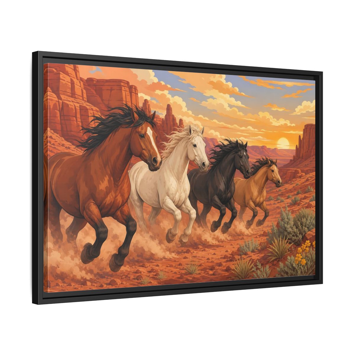 Side Mockup 14. Nature Horses Desert Horses Sunset shown as stretched canvas wall art