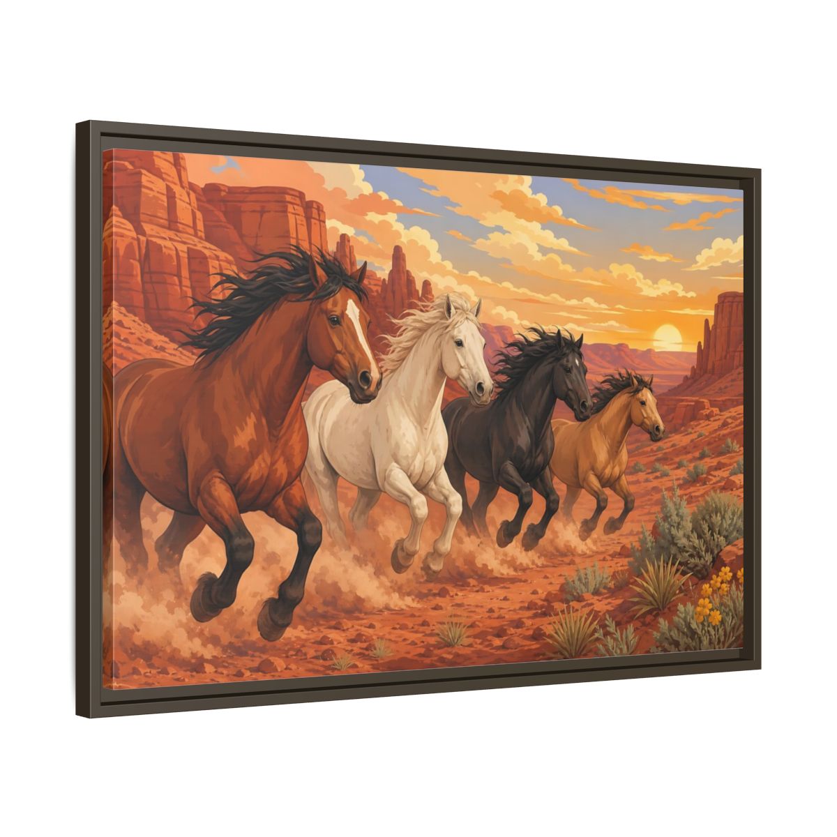 Side Mockup 11. Nature Horses Desert Horses Sunset shown as stretched canvas wall art