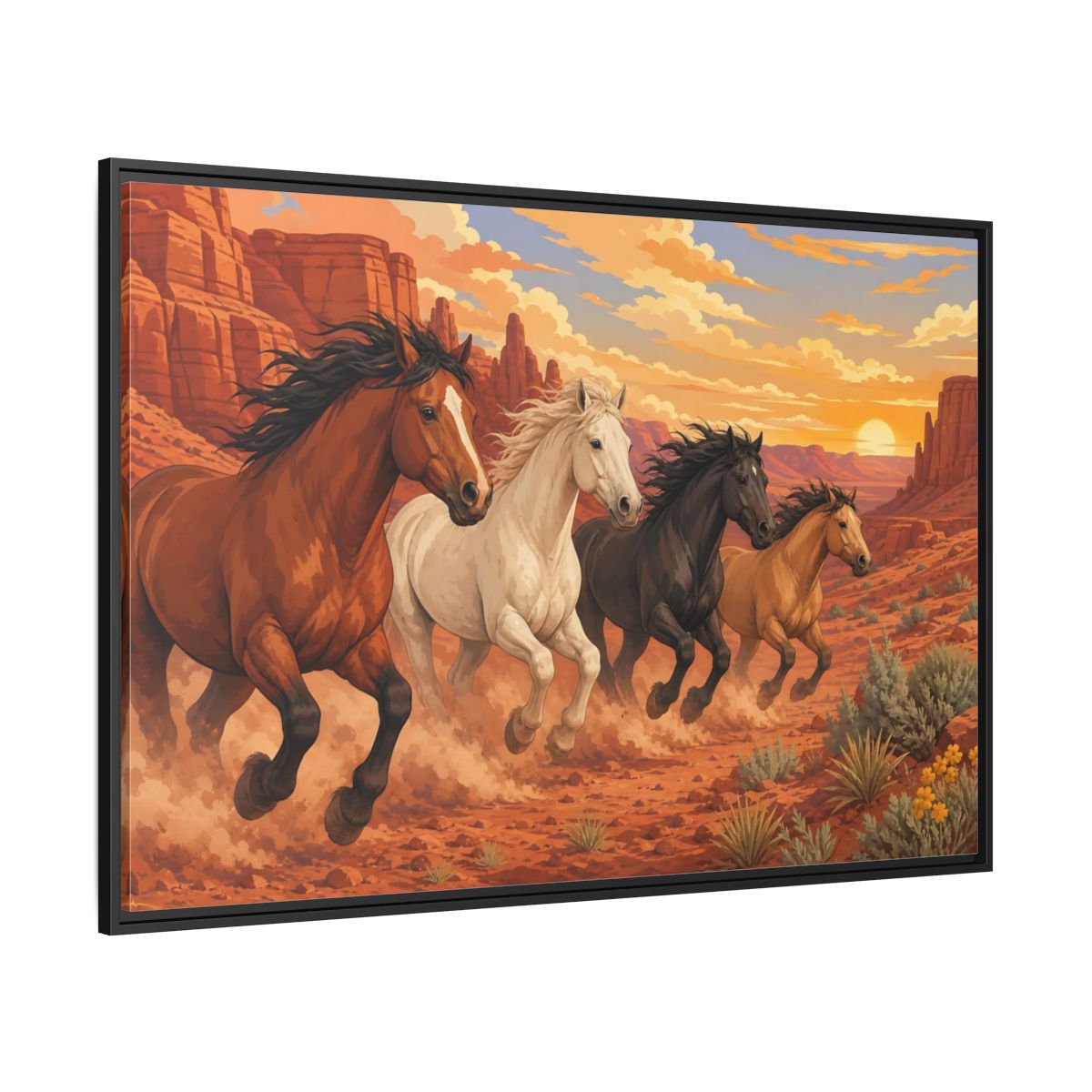 Side Mockup 12. Nature Horses Desert Horses Sunset shown as stretched canvas wall art