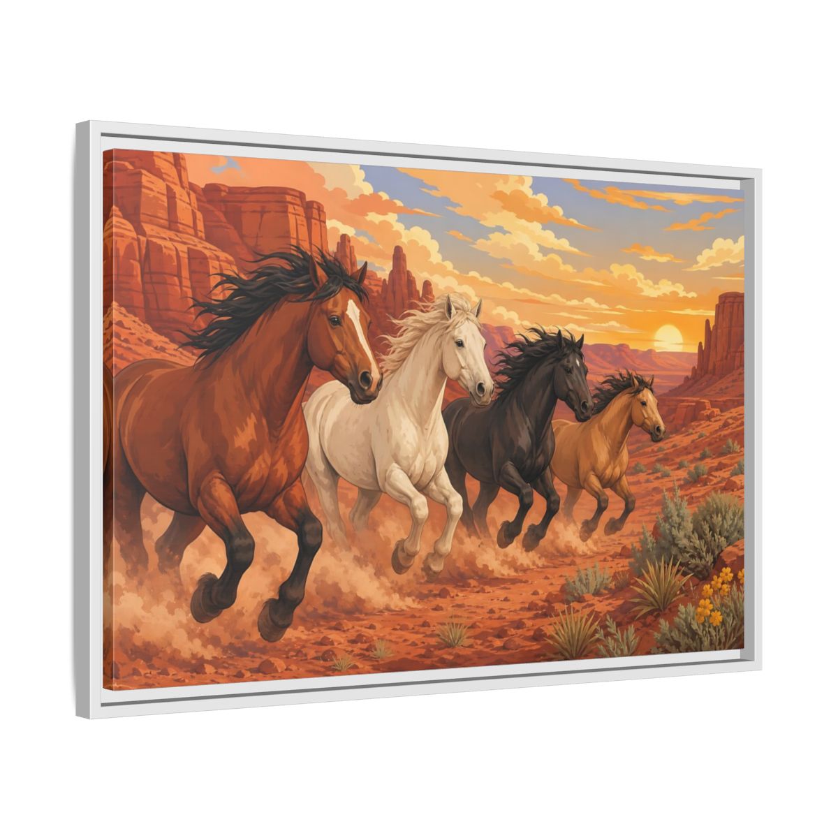 Side Mockup 10. Nature Horses Desert Horses Sunset shown as stretched canvas wall art