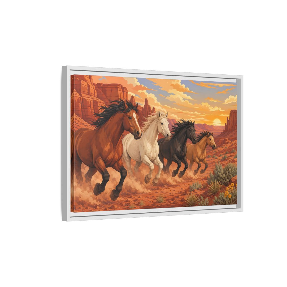 Side Mockup 1. Nature Horses Desert Horses Sunset shown as stretched canvas wall art