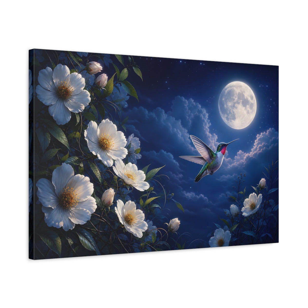 Side Mockup 2. Nature Hummingbird Blue Night Sky shown as stretched canvas wall art