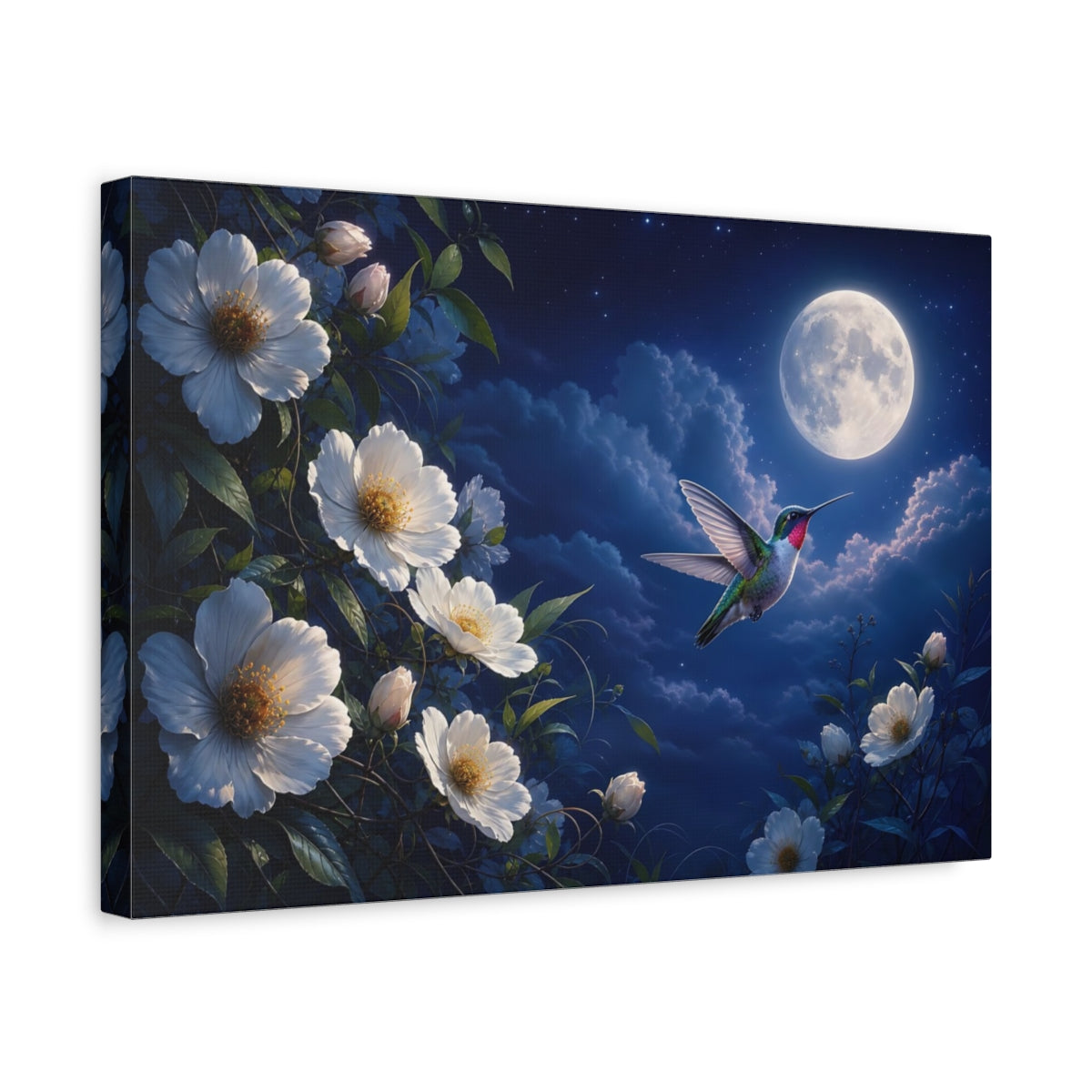 Side Mockup 4. Nature Hummingbird Blue Night Sky shown as stretched canvas wall art
