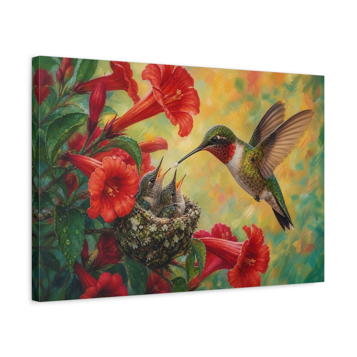 Side Mockup 3. Nature Hummingbird Family Red Floral Hummingbird shown as canvas print