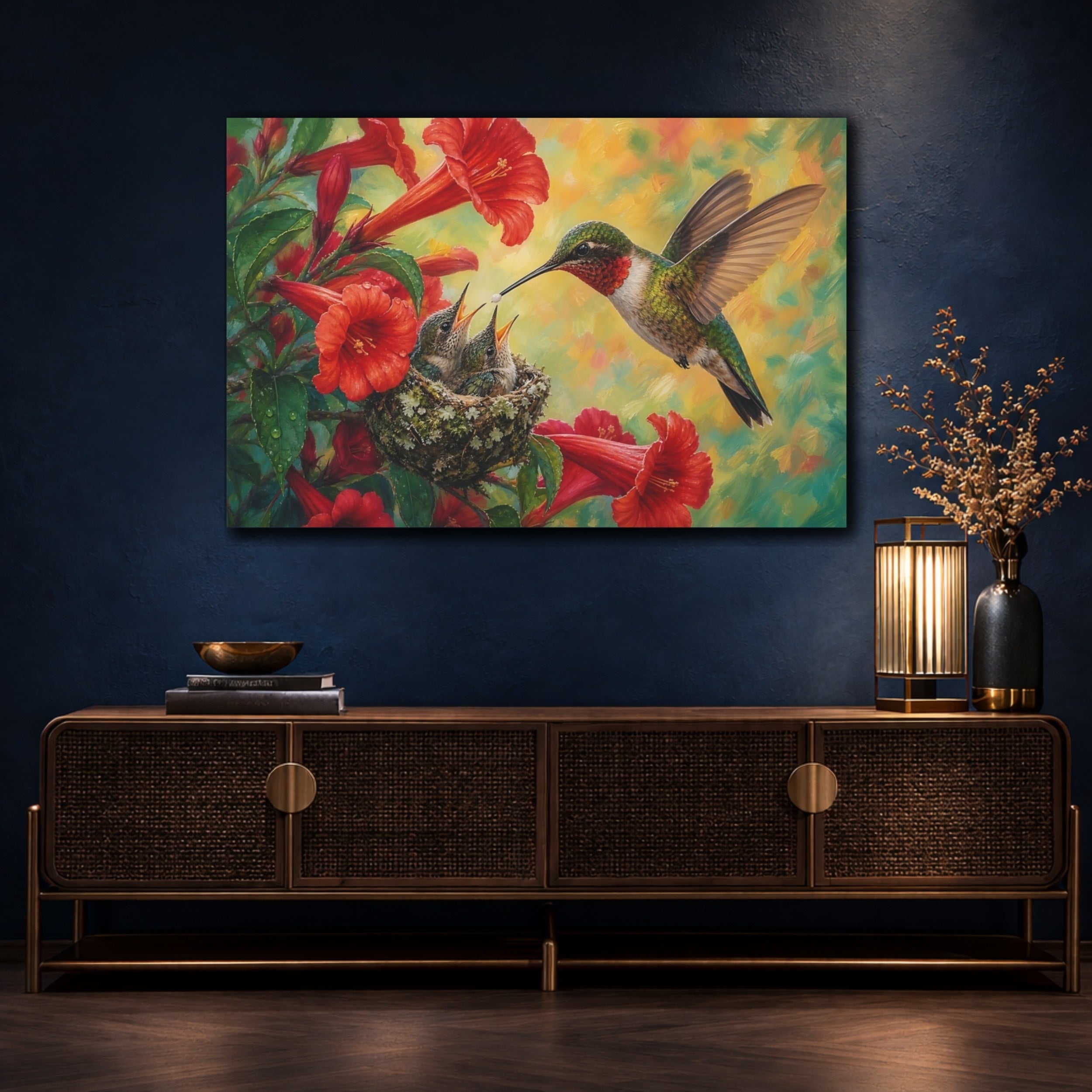Mockup 4. Nature Hummingbird Family Red Floral Hummingbird shown as canvas print