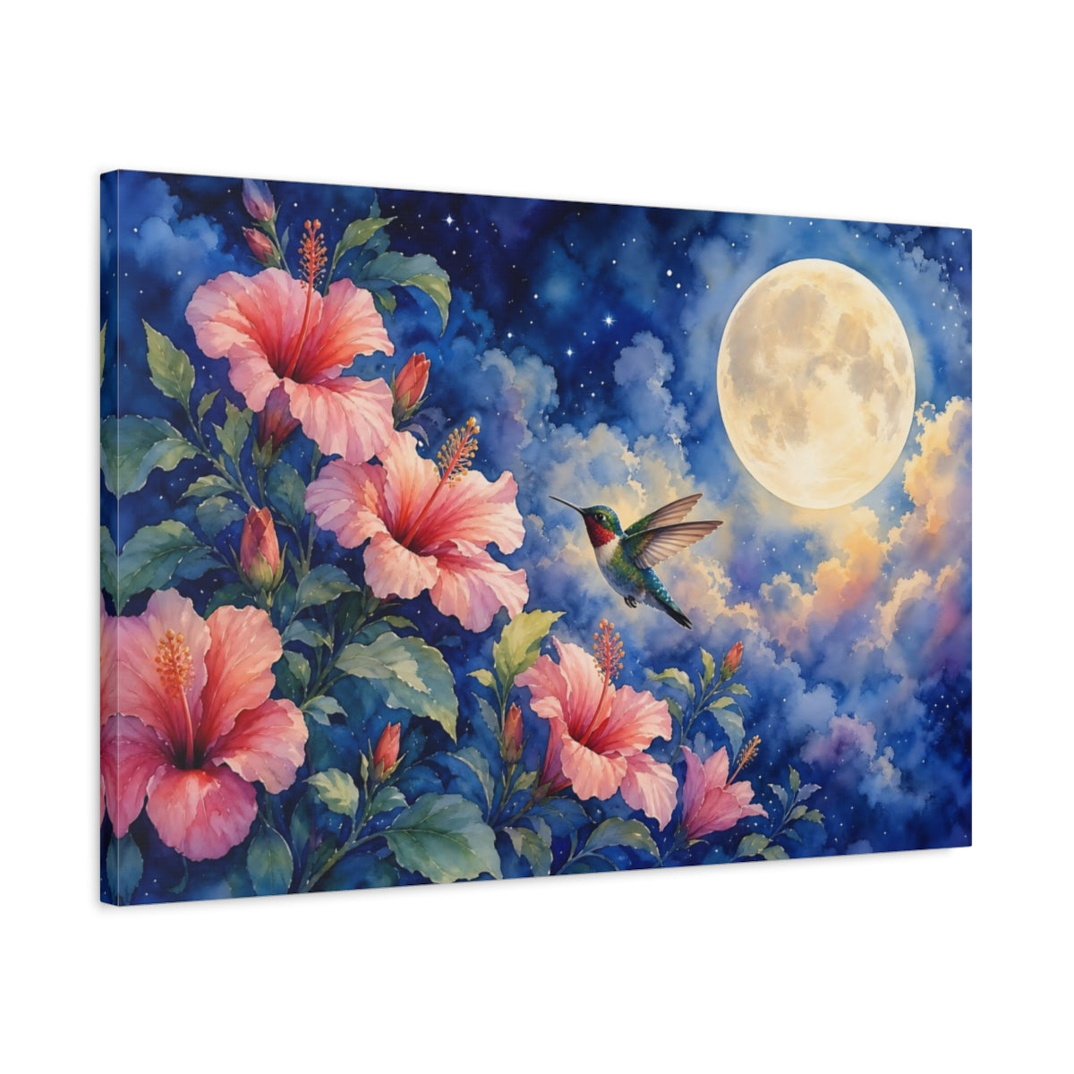 Side Mockup 2. Nature Hummingbird, Hibiscus Pink And Blue shown as stretched canvas wall art