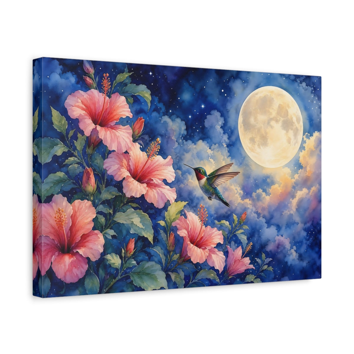 Side Mockup 4. Nature Hummingbird, Hibiscus Pink And Blue shown as stretched canvas wall art