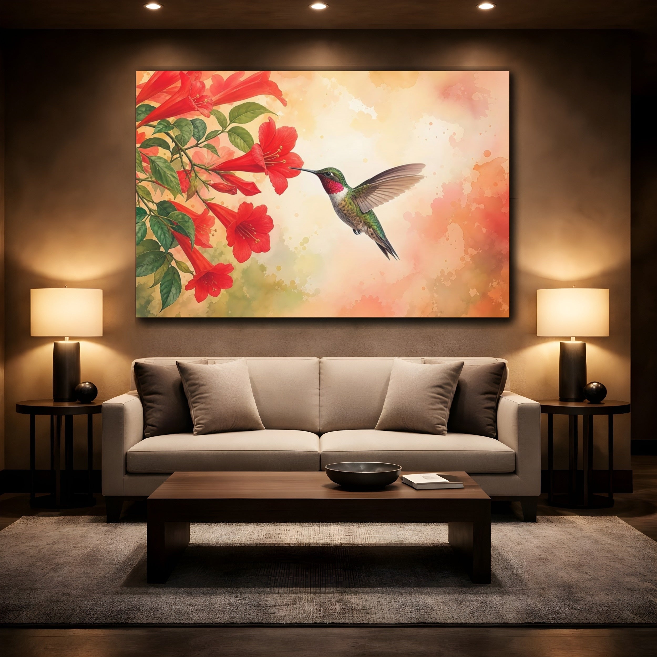 Mockup 2. Nature Hummingbird Hummingbird Red Flowers shown as stretched canvas wall art