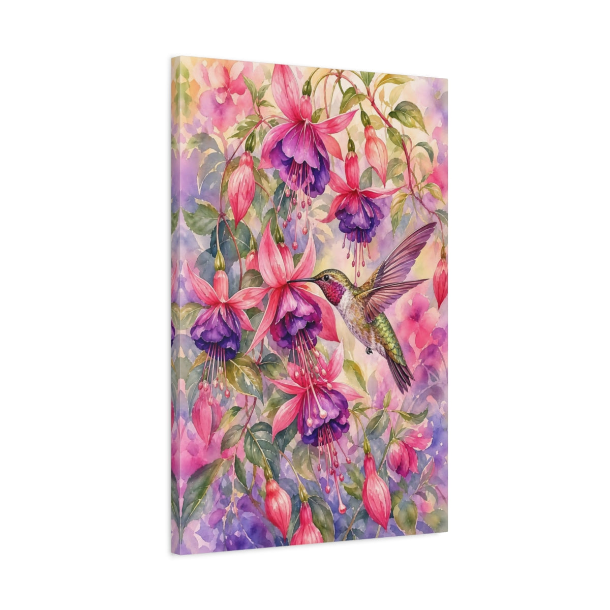 Side Mockup 2. Nature Hummingbird Pink Purple Hummingbird shown as stretched canvas wall art