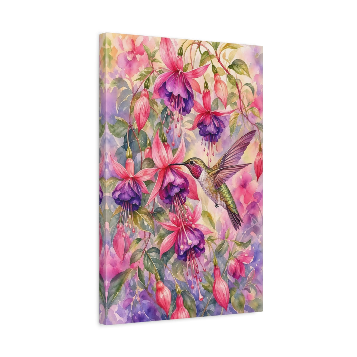 Side Mockup 3. Nature Hummingbird Pink Purple Hummingbird shown as stretched canvas wall art