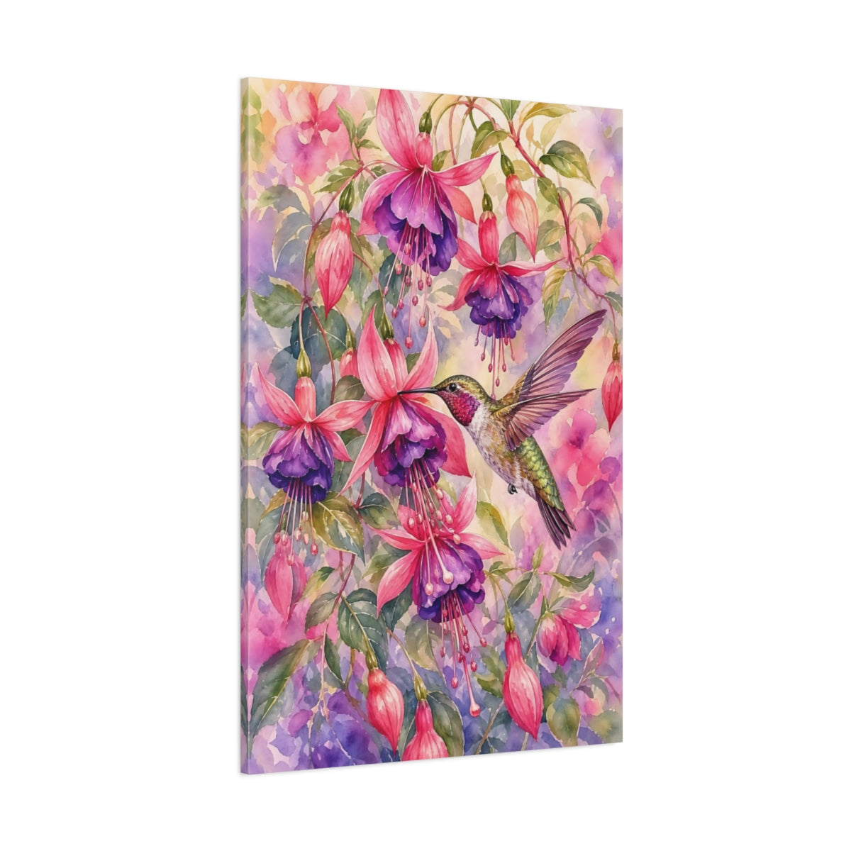 Side Mockup 1. Nature Hummingbird Pink Purple Hummingbird shown as stretched canvas wall art