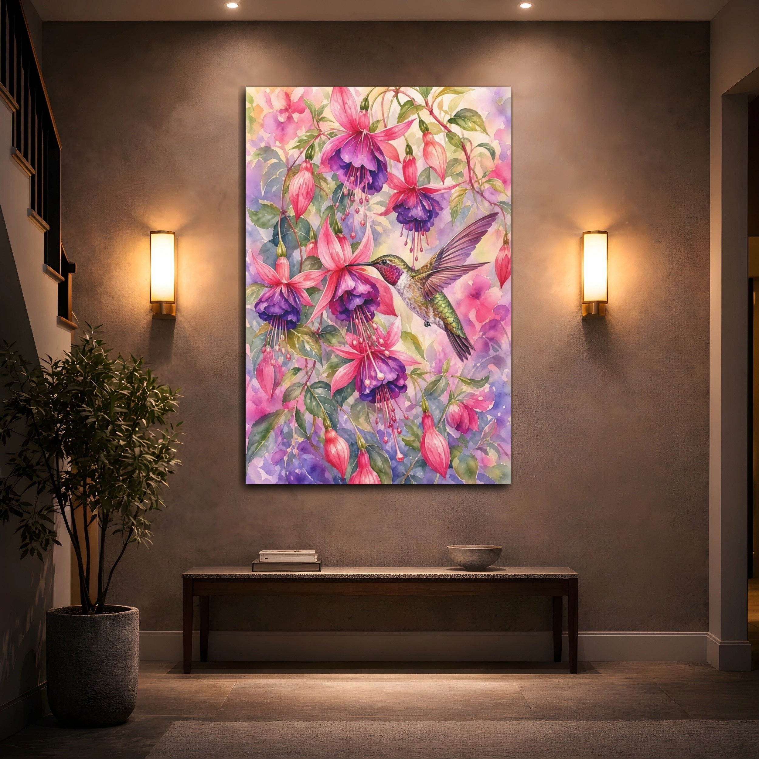 Mockup 2. Nature Hummingbird Pink Purple Hummingbird shown as stretched canvas wall art