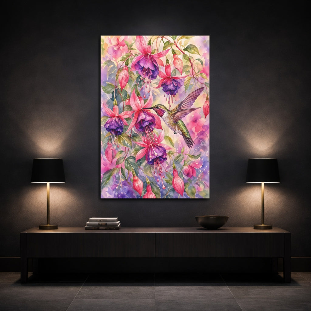 Mockup 3. Nature Hummingbird Pink Purple Hummingbird shown as stretched canvas wall art