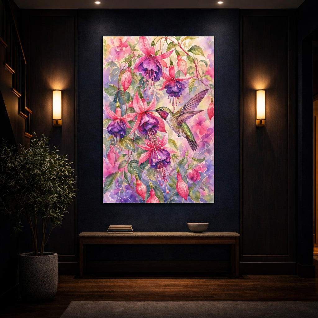 Mockup 4. Nature Hummingbird Pink Purple Hummingbird shown as stretched canvas wall art