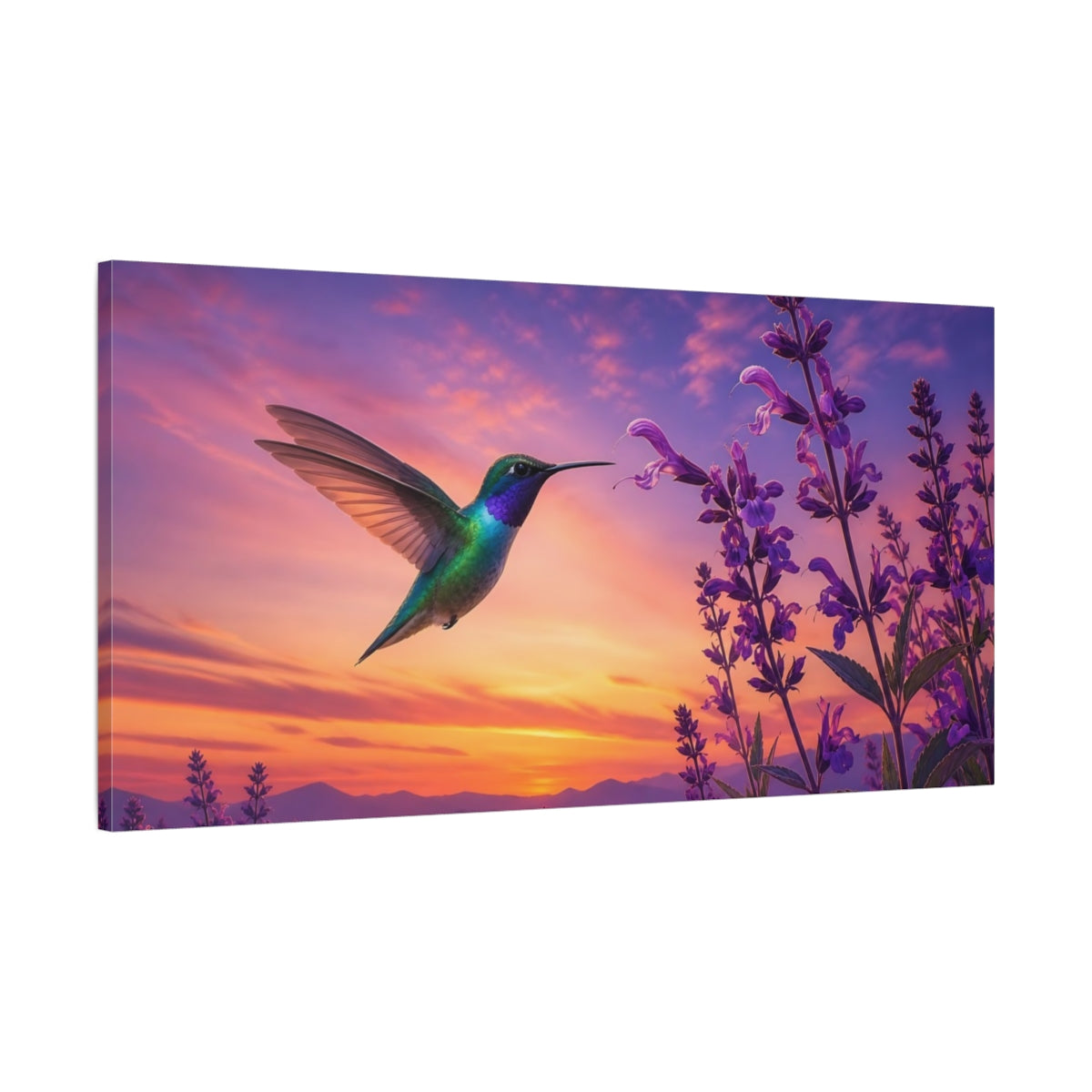 Main Mockup. Nature Hummingbird Purple And Orange shown as stretched canvas wall art