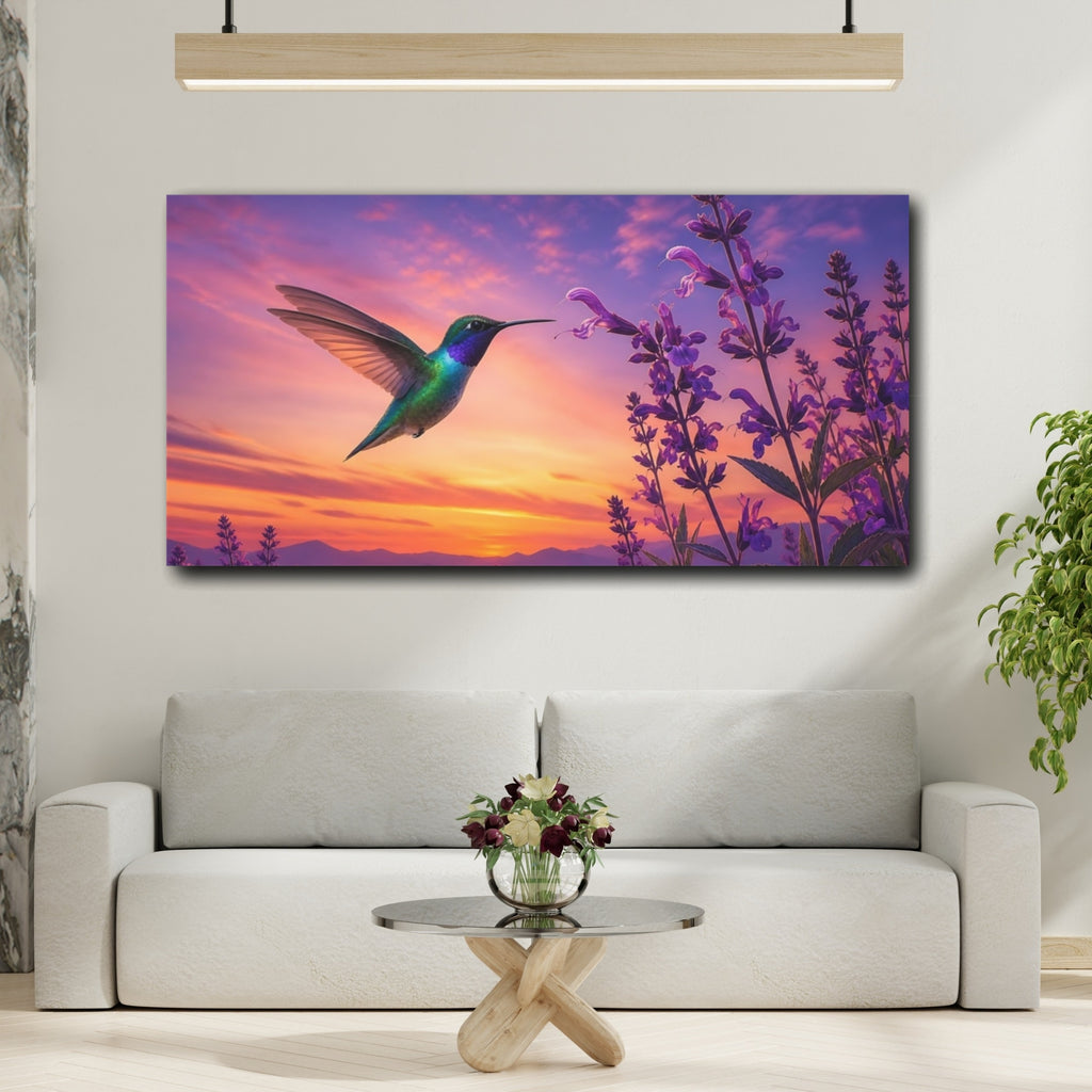 Mockup 2. Nature Hummingbird Purple And Orange shown as stretched canvas wall art