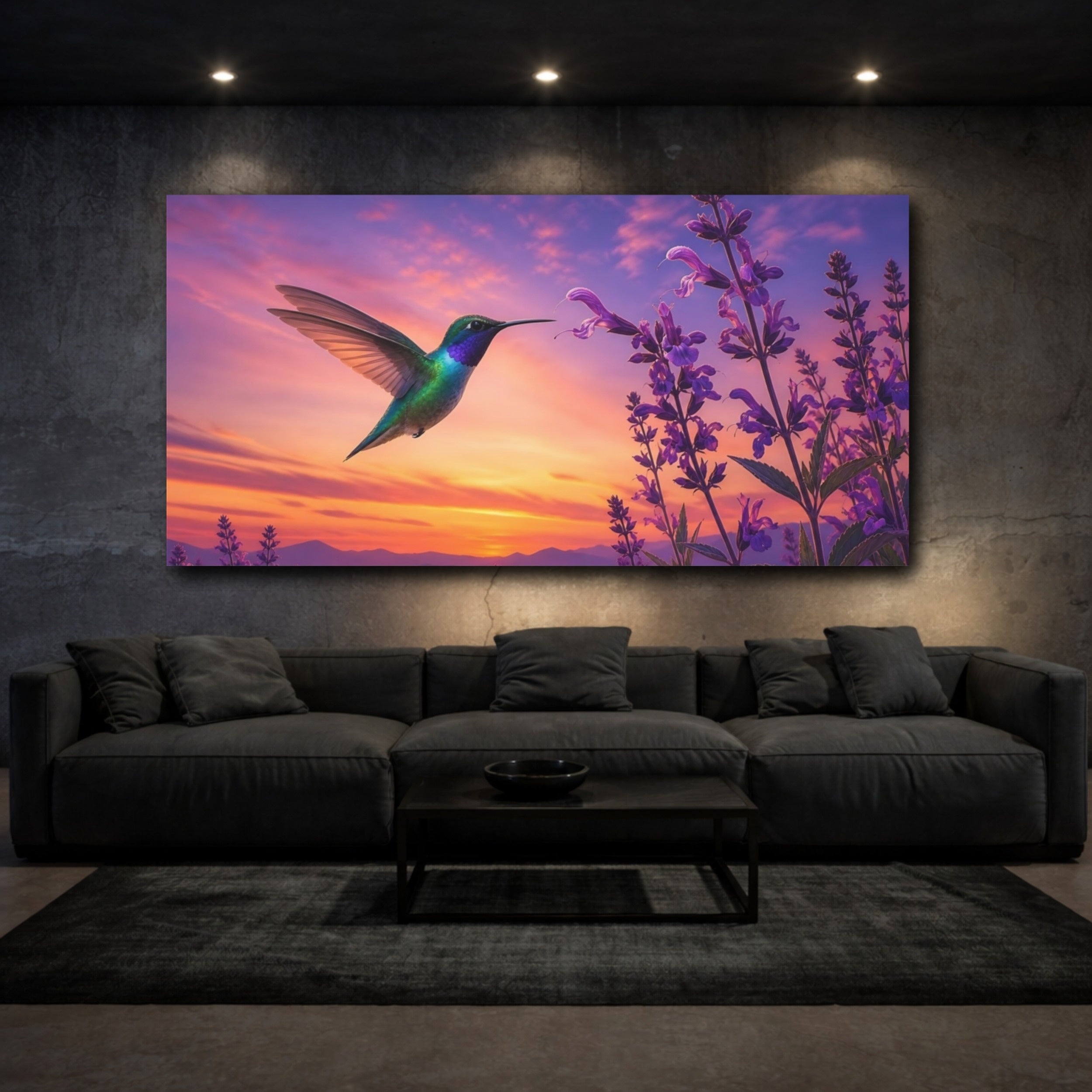Mockup 3. Nature Hummingbird Purple And Orange shown as stretched canvas wall art