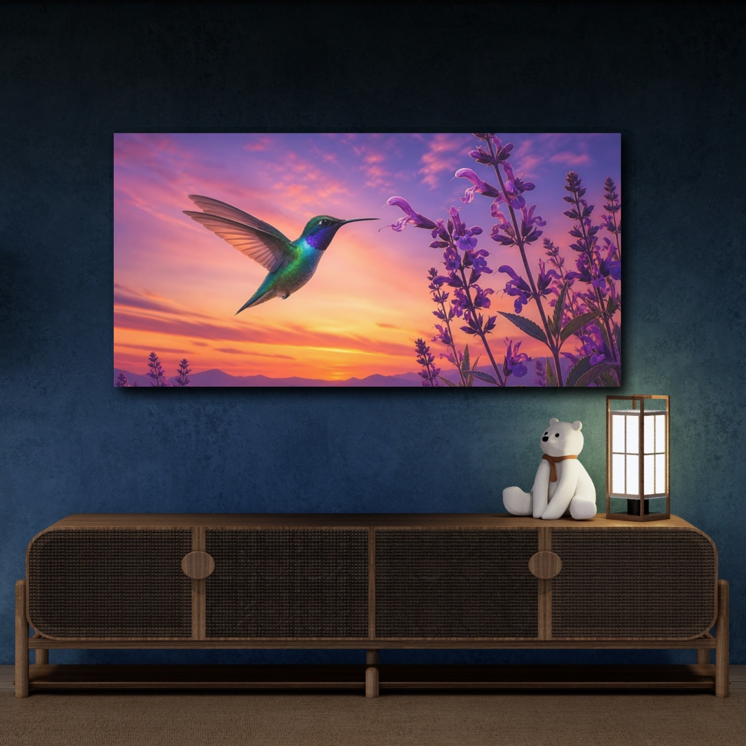 Mockup 4. Nature Hummingbird Purple And Orange shown as stretched canvas wall art