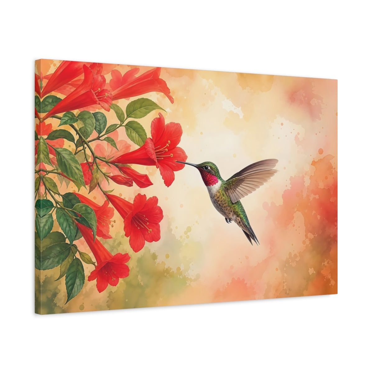 Side Mockup 2. Nature Hummingbird Hummingbird Red Flowers shown as stretched canvas wall art